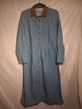 Vintage Mirrors 2  Denim Button-Front Dress with Brown suede Collar